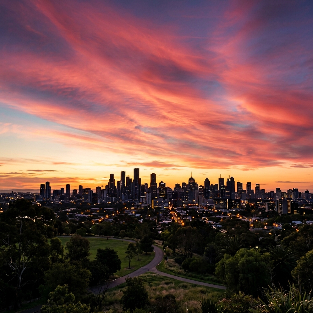 City skyline at sunset with dramatic pink and orange clouds
